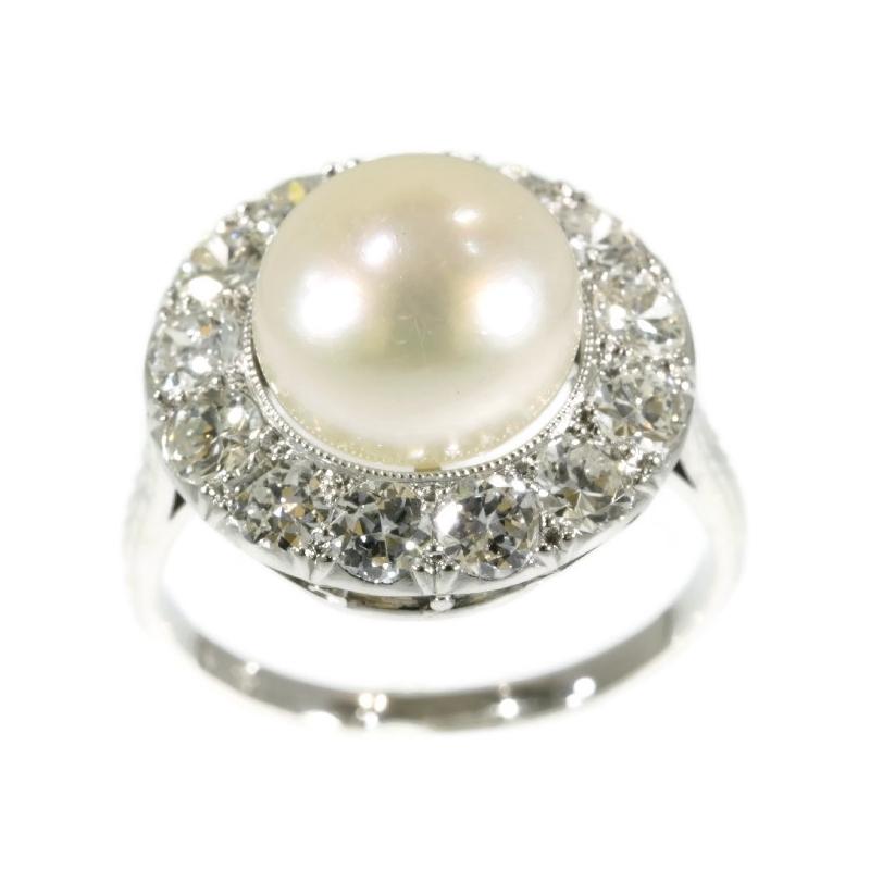 Art Deco Diamond and Pearl Platinum Estate Engagement Ring For Sale