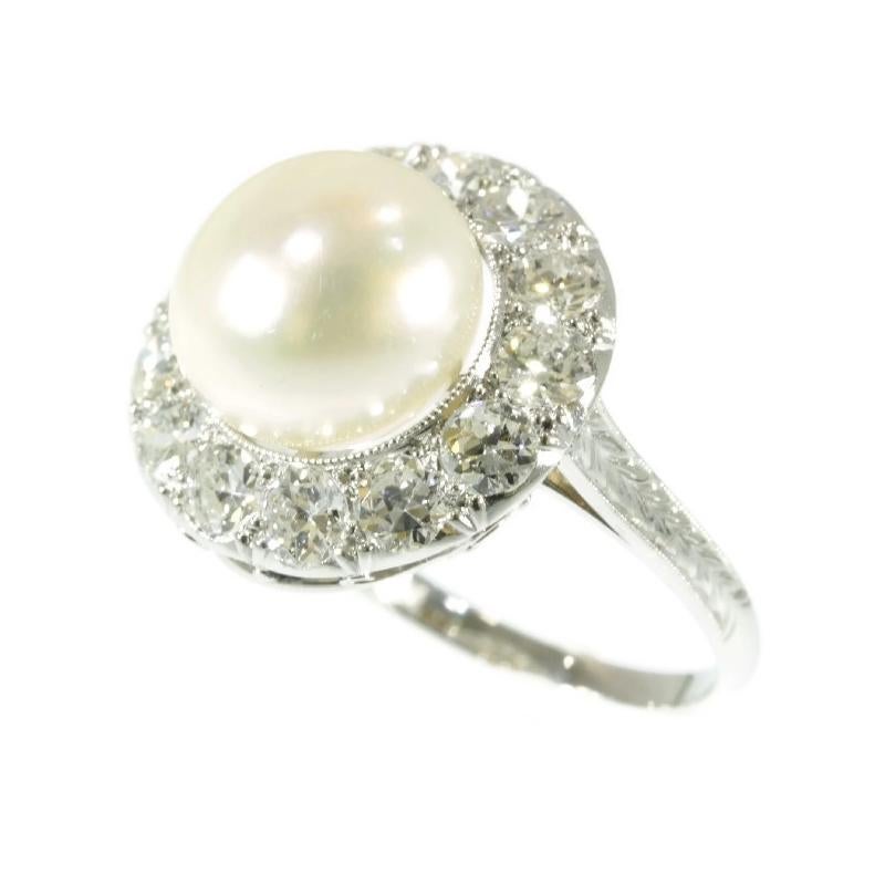 Round Cut Diamond and Pearl Platinum Estate Engagement Ring For Sale