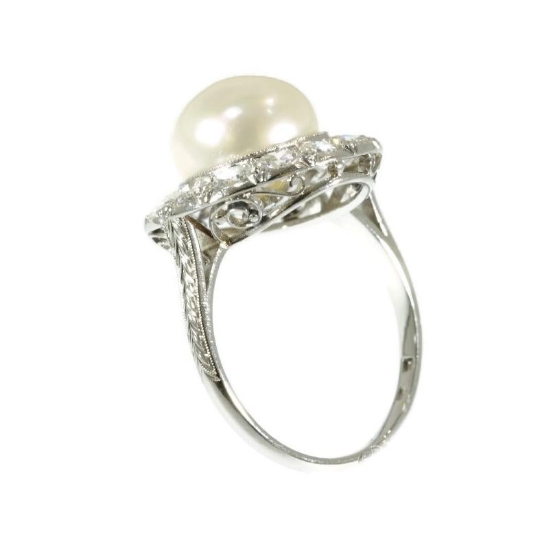 Women's Diamond and Pearl Platinum Estate Engagement Ring For Sale