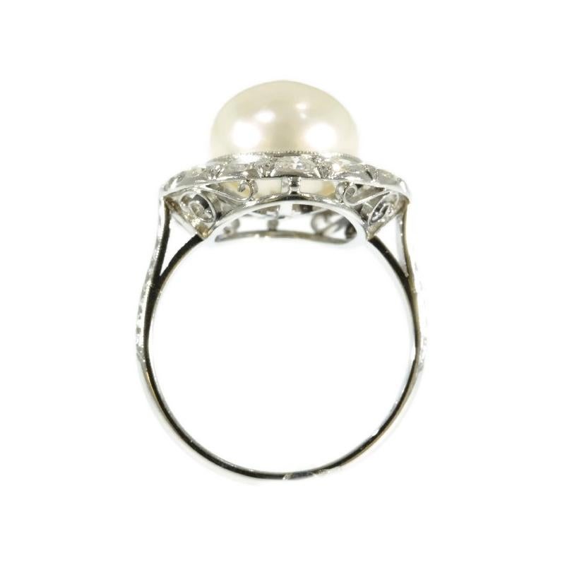 Diamond and Pearl Platinum Estate Engagement Ring For Sale 1