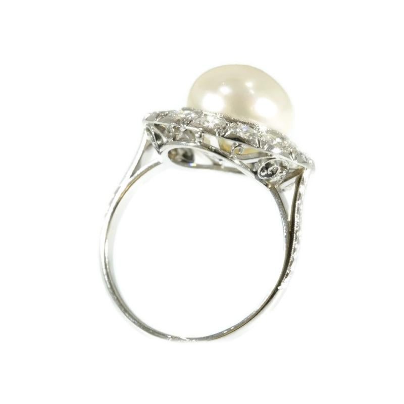 Diamond and Pearl Platinum Estate Engagement Ring For Sale 2