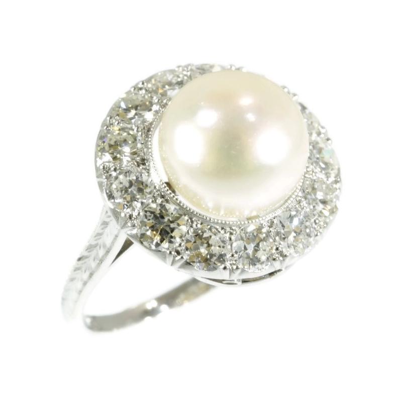 Diamond and Pearl Platinum Estate Engagement Ring For Sale 3