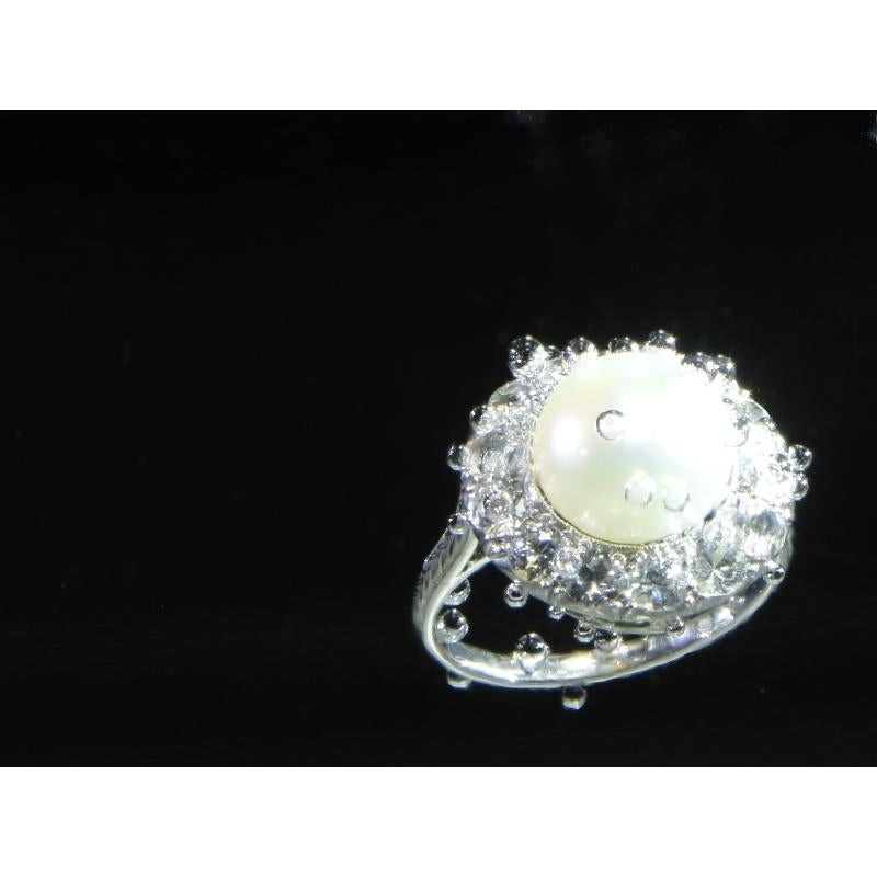 Diamond and Pearl Platinum Estate Engagement Ring For Sale 6