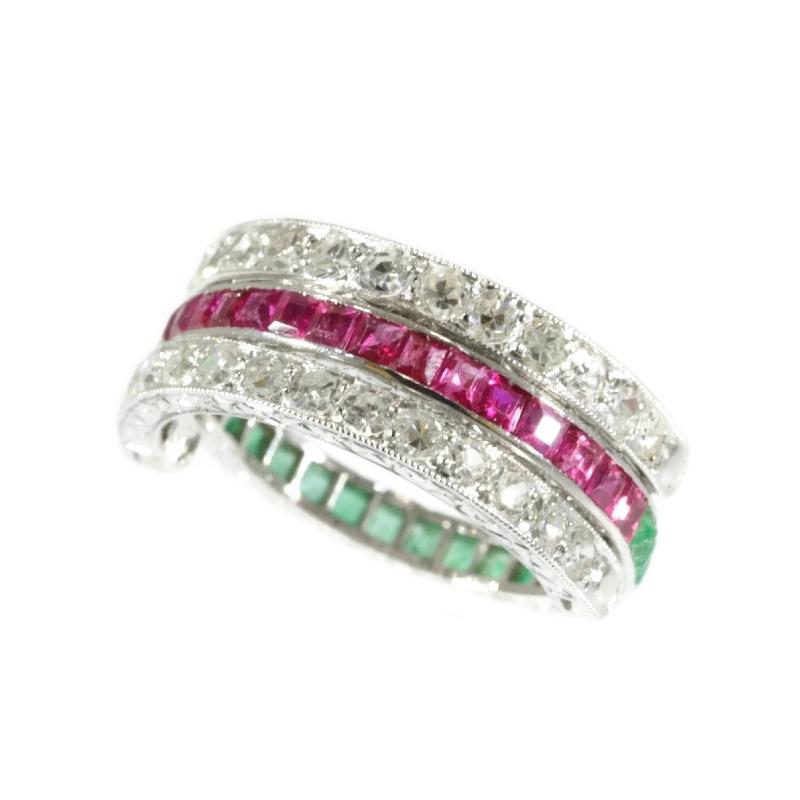 Art Deco Magnificent Eternity Band with Rubies and Emeralds and Hinged Diamond Parts