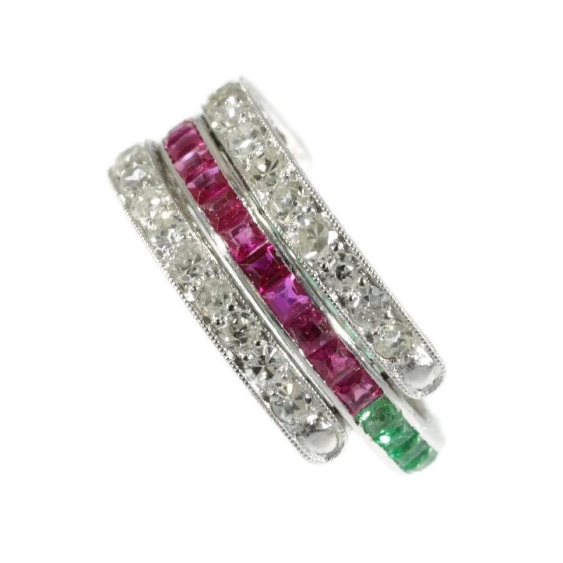 Round Cut Magnificent Eternity Band with Rubies and Emeralds and Hinged Diamond Parts
