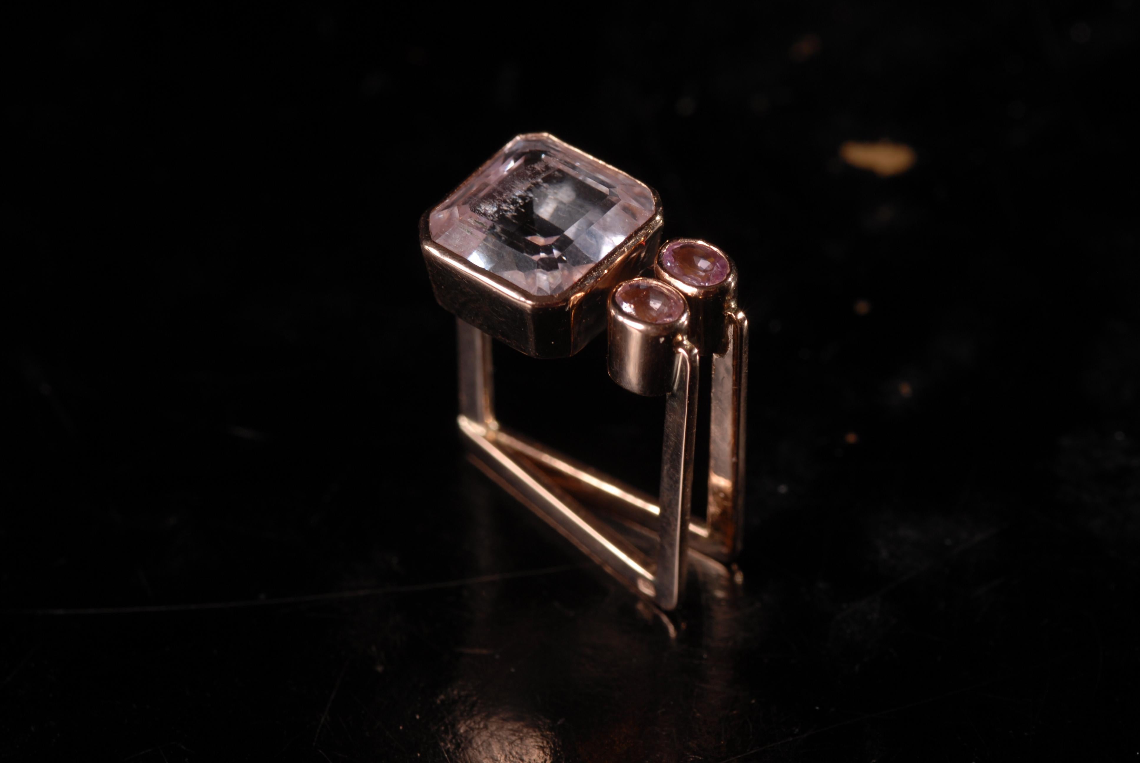 !4 carat rose gold contemporary cocktail ring with square kunzite and two oval rose tourmalines