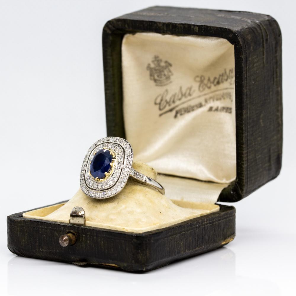 Women's or Men's Platinum Estate Handmade Natural Sapphire and Diamonds Ring