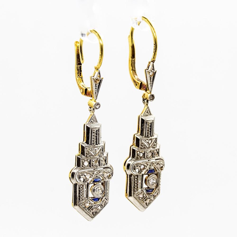 Rose Cut Art Deco 18 Karat Gold and Platinum Diamonds and Sapphires Earrings