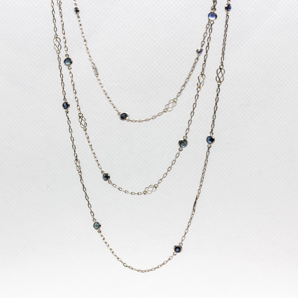 Period: Art Deco (1920-1935)
Composition: Platinum
Stones:
•	38 Natural round cut sapphires 4.50ctw.
Necklace length:  2 meters long.
Total weight:  14.9 grams- 9.6 dwt.
Appraisal available under request.
INCREDIBLY BEAUTIFUL…ELEGANT DESIGN!
*Values