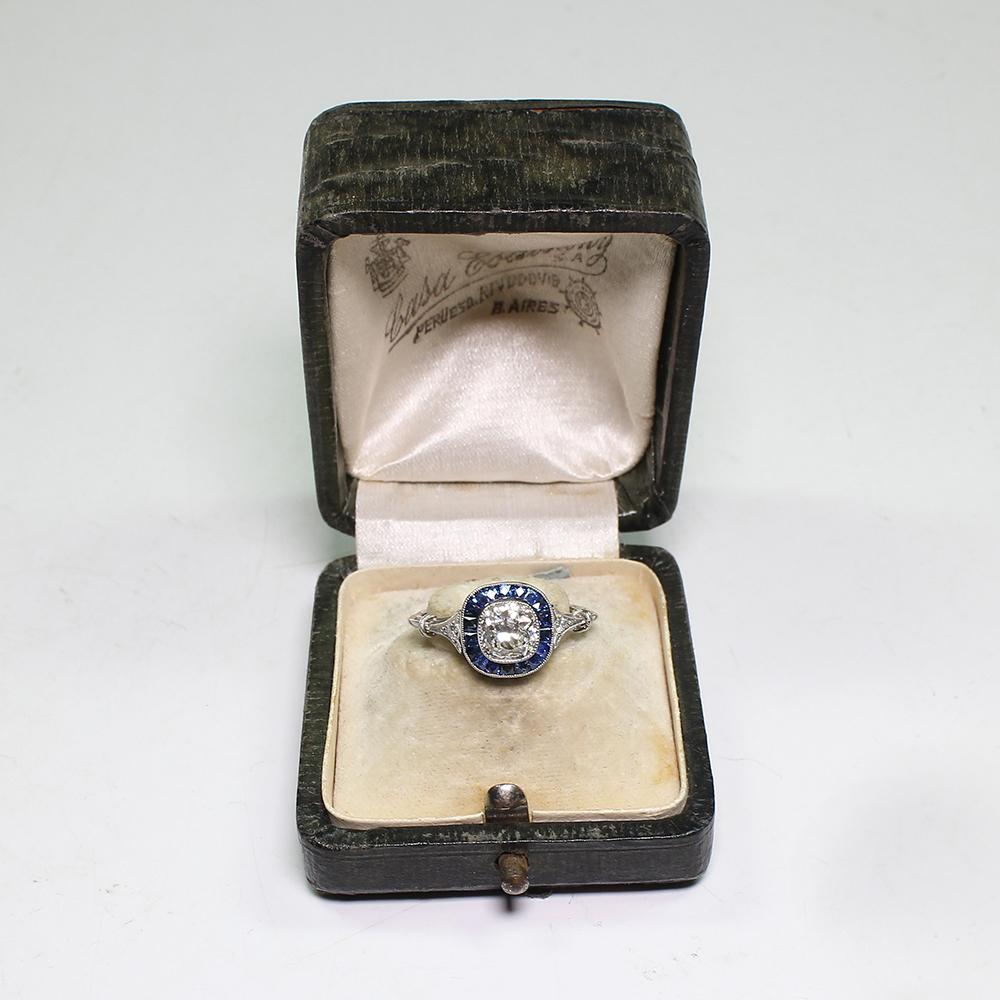 Contemporary Handmade Platinum 1.1 Antique Old Mine Diamond and Sapphire Ring 2
