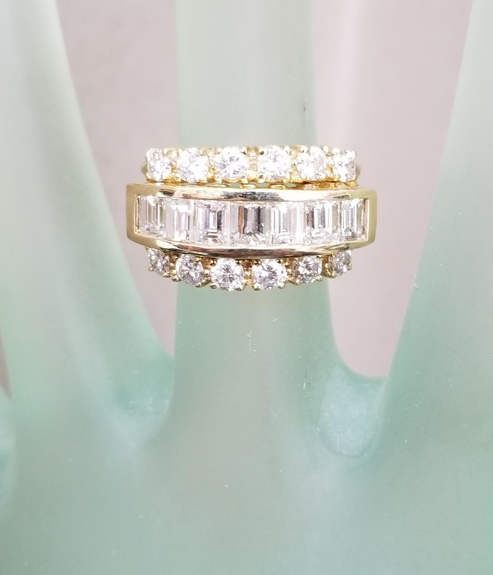 Baguette and Round 3-Row Diamond Wedding Ring For Sale at 1stDibs ...