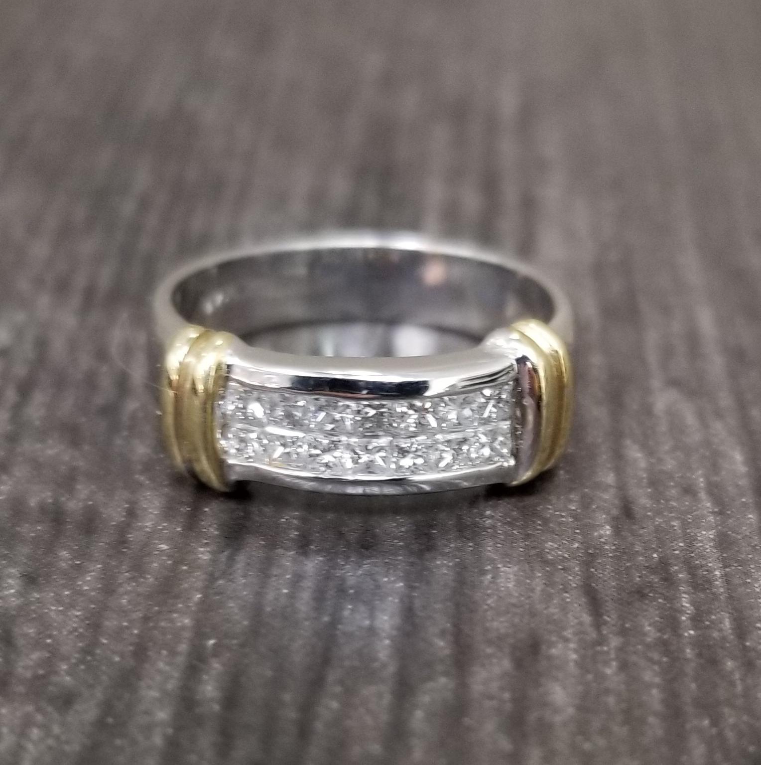 14k white gold with yellow gold accents with 14 princess cut diamonds; color 