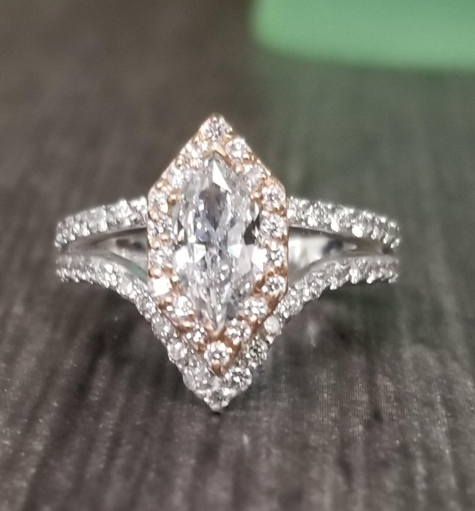 .84pt. 6 Sided Fancy Marquise Cut Diamond in Halo In New Condition In Los Angeles, CA