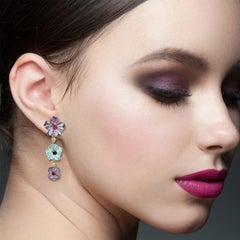 Carved Amethyst Topaz 14 Karat Gold Triple Drop Flower Earrings