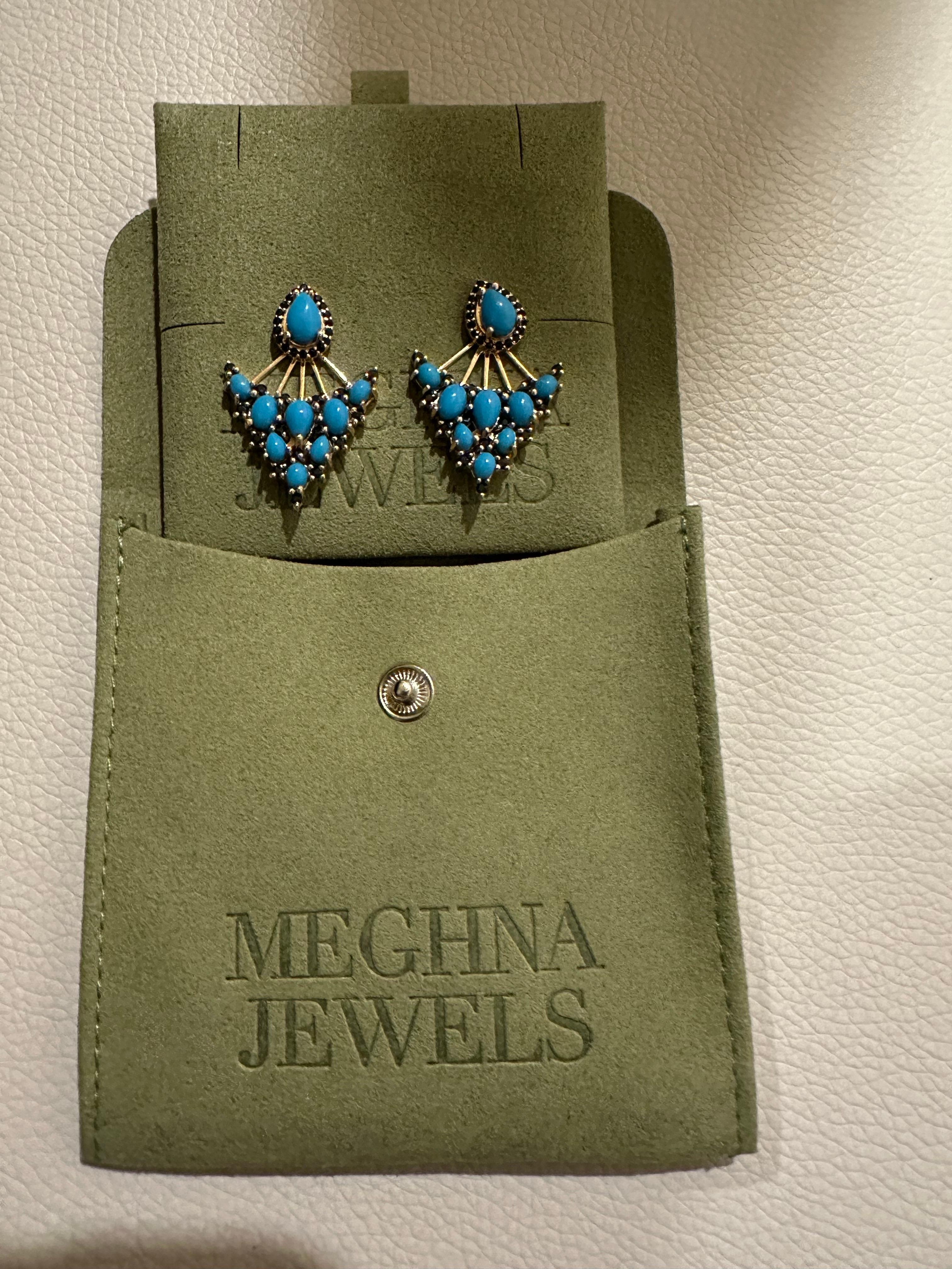 Contemporary Meghna Jewels 14 Karat Gold Turquoise Sapphire Ear Jacket Earrings For Sale