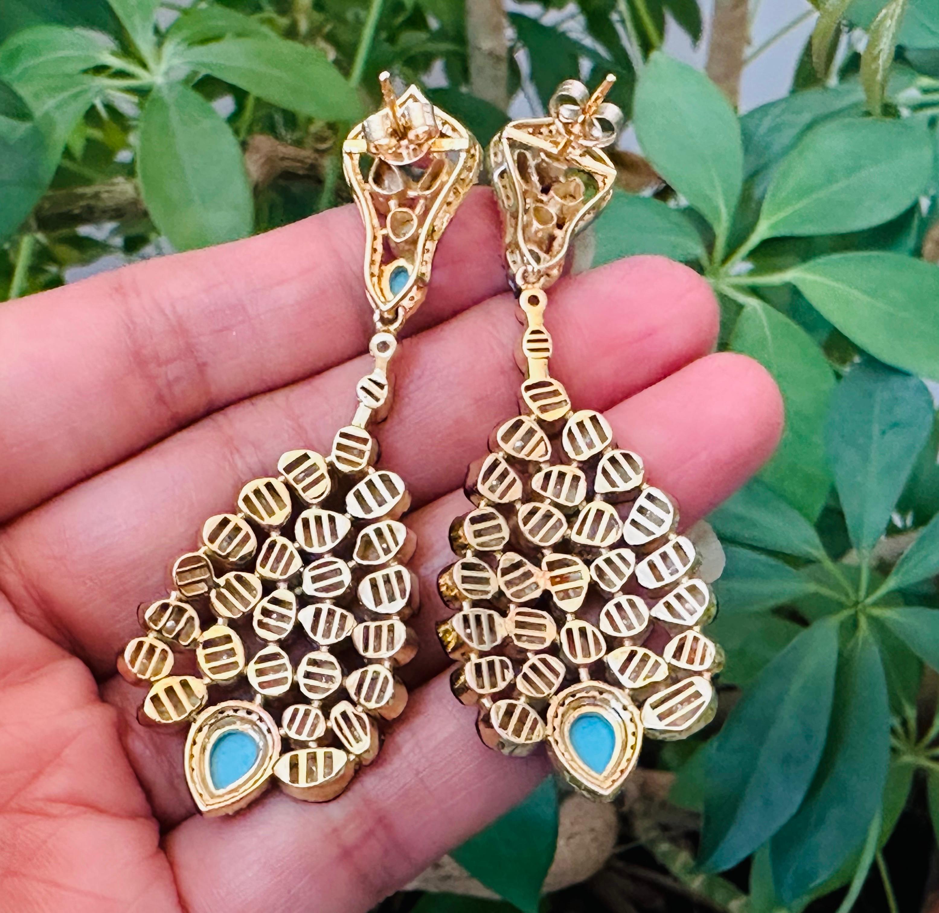 Boucles d'oreilles de style ancien en turquoise et diamants taille rose Pour femmes en vente