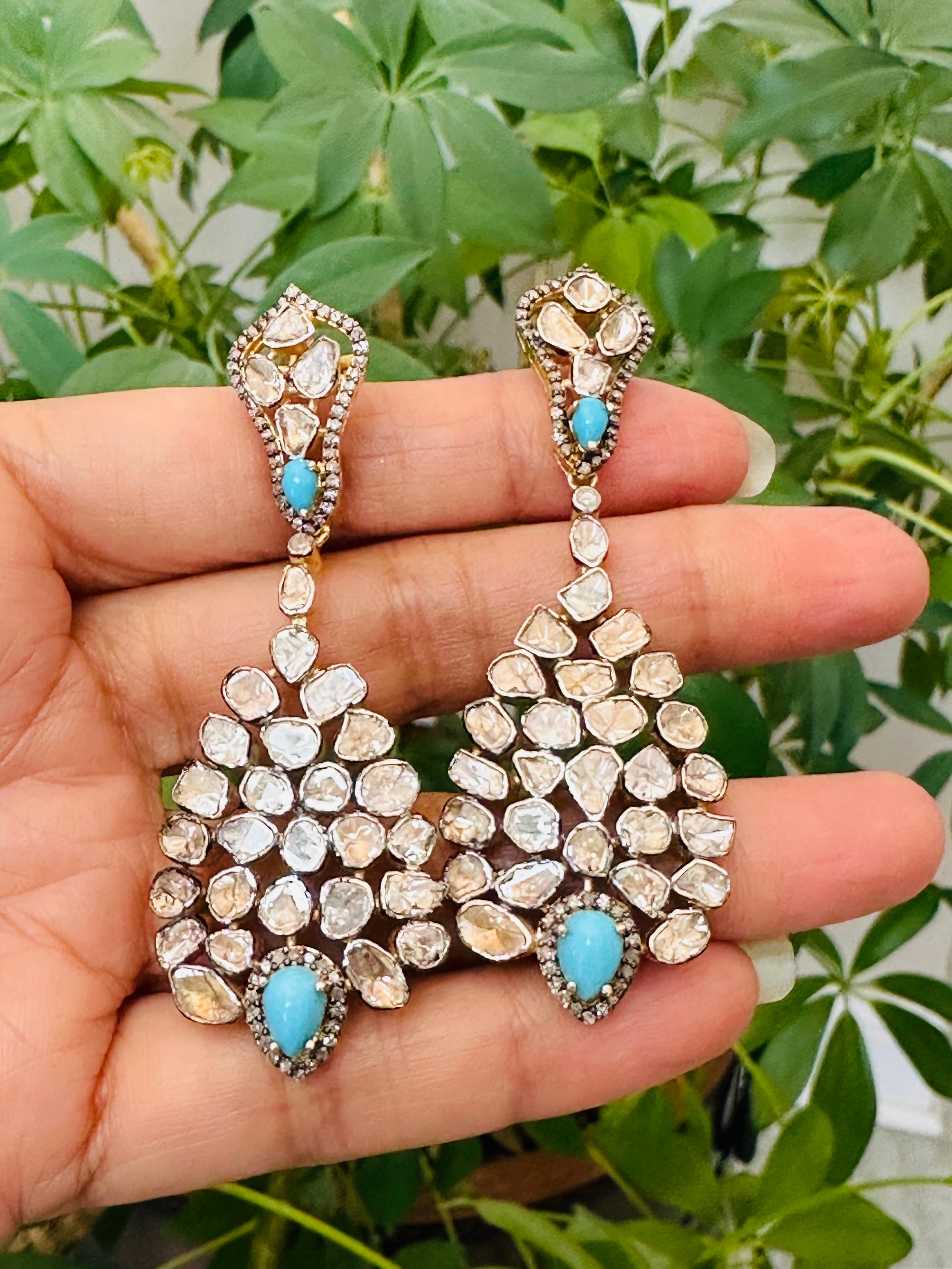 Boucles d'oreilles de style ancien en turquoise et diamants taille rose Neuf - En vente à Hoffman Estate, IL