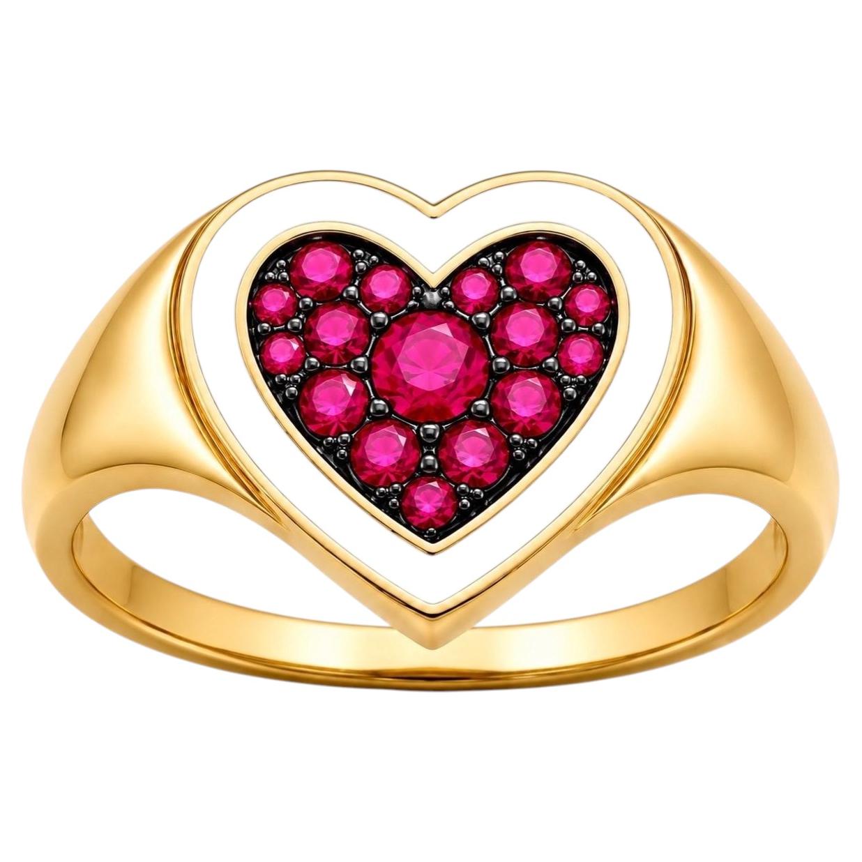 For Sale:  Ruby Birthstone Heart Ring White Enamel 14K Gold by Meghna Jewels