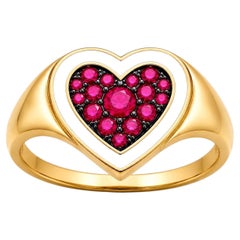 Anello a forma di cuore con rubino (pietra natale), smalto bianco e oro 14 carati di Meghna Jewels