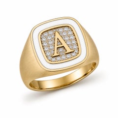 Diamond Pavé Custom Initial Signet Ring White Enamel 14K Gold by Meghna Jewels