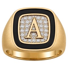 Diamond Pavé Custom Initial Signet Ring White Enamel 14K Gold by Meghna Jewels
