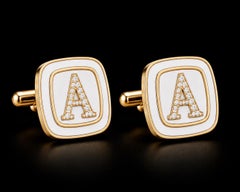 Raised Diamond Custom Initial Cufflinks White Enamel 14K Gold by Meghna Jewels