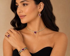 Girocollo a cuore con rubino (pietra natale di luglio) e diamanti, in oro 14 carati, di Meghna Jewels