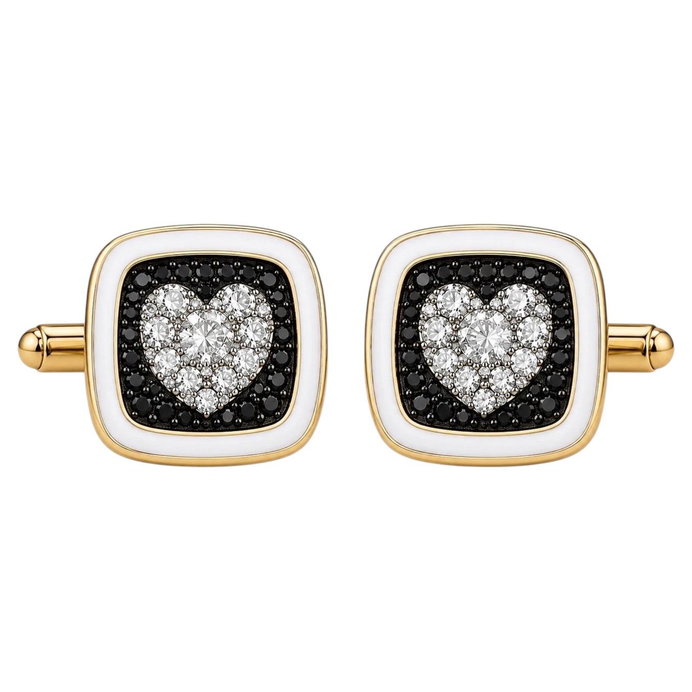 Herzförmige Manschettenknöpfe mit Diamant als Geburtsstein, weißem Emaille und 14-karätigem Gold von MEGHNA JEWELS