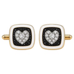 Gemelli a forma di cuore con diamante (pietra natale) e smalto bianco, in oro 14 carati, di MEGHNA JEWELS