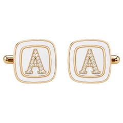 Raised Diamond Custom Initial Cufflinks White Enamel 14K Gold by Meghna Jewels