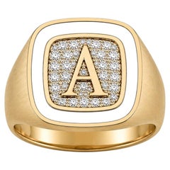 Diamond Pavé Custom Initial Signet Ring White Enamel 14K Gold by Meghna Jewels