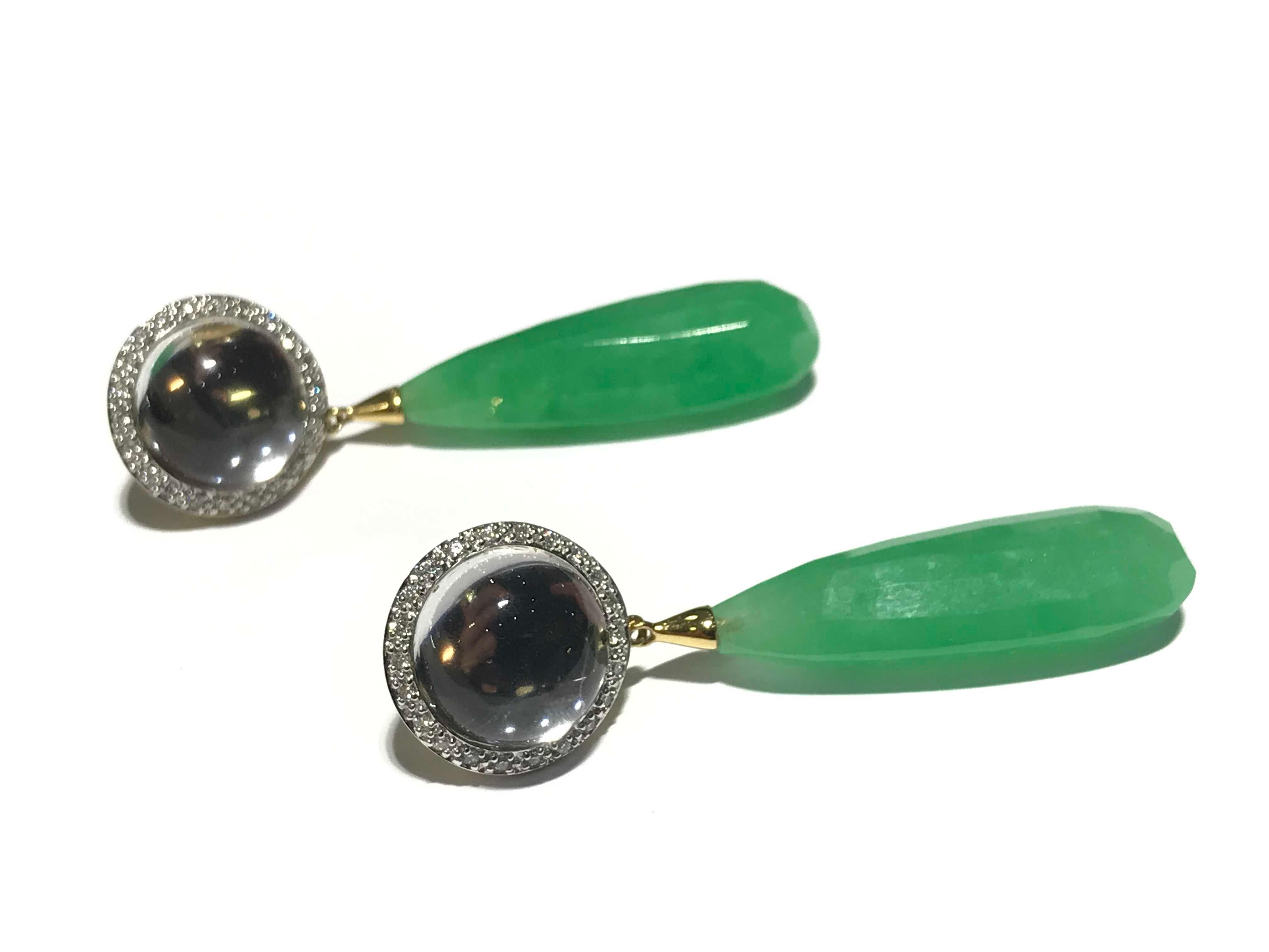 MIMI Green Jade Shan Teki drop earrings with diamond Halo 
0.22 carat diamond halo 
Drop Earrings in 18 karat w/g & y/g