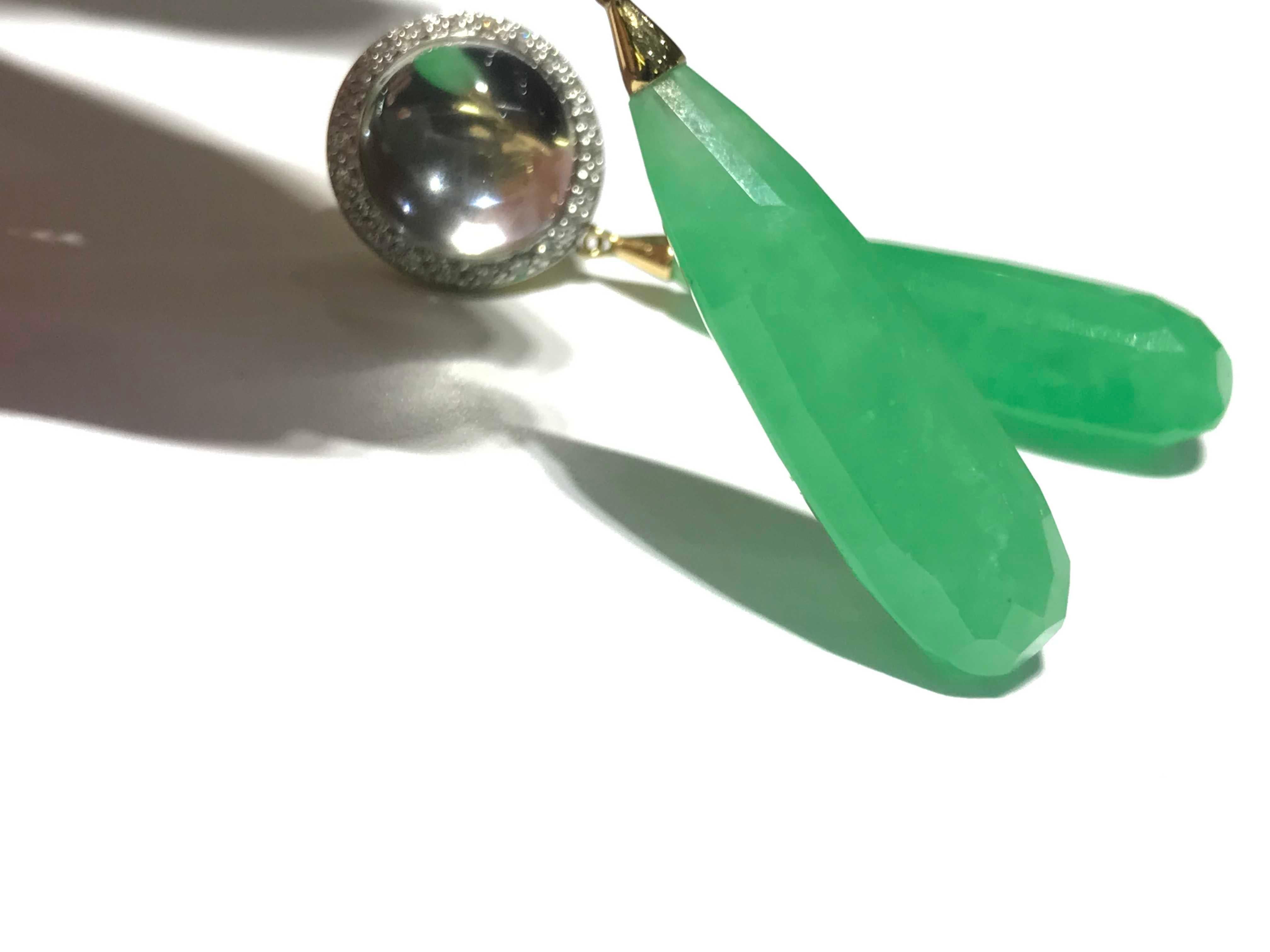 Round Cut MIMI Green Jade Shan Teki Drop Earrings with Diamond Halo For Sale