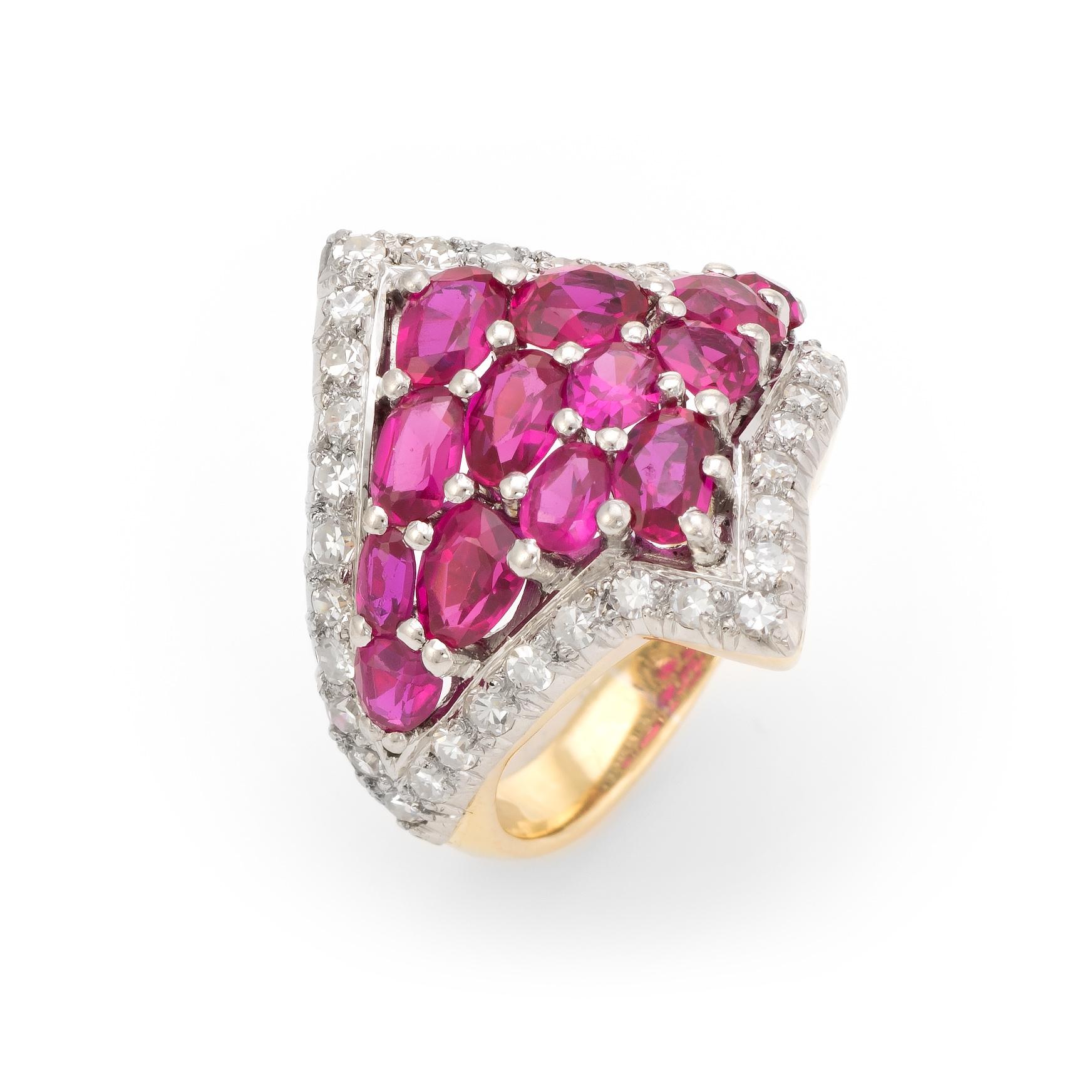 Finely detailed vintage J Roca diamond & ruby band (circa 1980s), crafted in 18 karat yellow gold & 900 platinum. 

39 single cut diamonds are estimated at 0.015 carats each with a total estimated weight of 0.58 carats (estimated at G-H color and VS