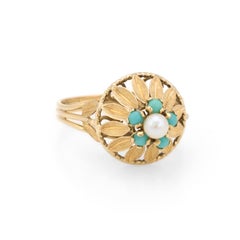 Vintage Domed Turquoise Cocktail Ring 18 Karat Yellow Gold Cultured Pearl Estate