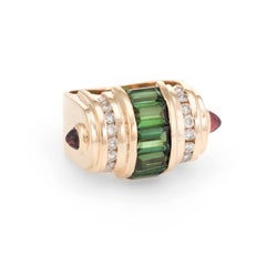 Vintage Gemstone Dome Ring 14 Karat Gold Pink Green Tourmaline Diamond Estate