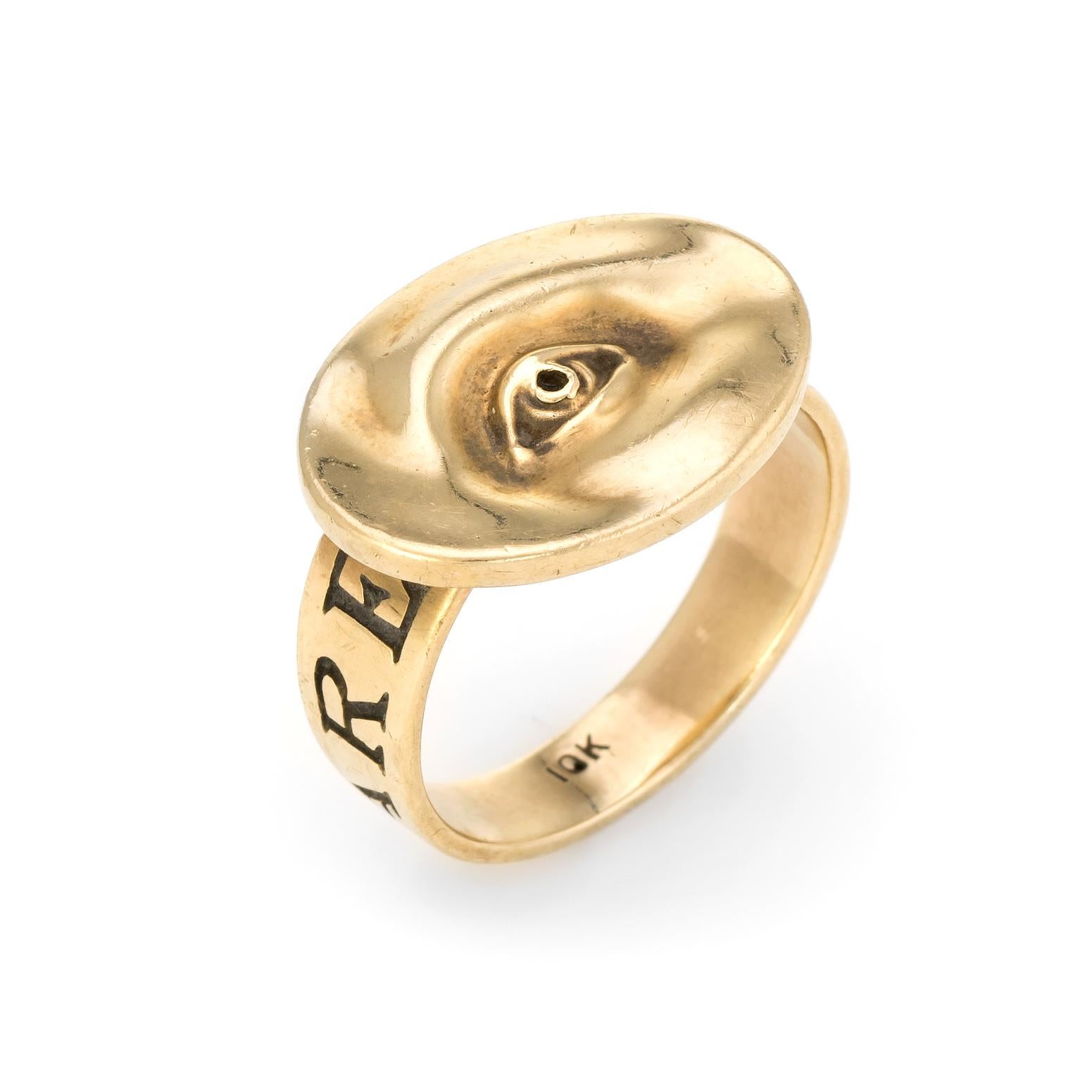 Finely detailed estate Gabriella kiss eye ring, crafted in 10 karat yellow gold.  
Bold and distinct design abounds with the eye ring. The love token series was inspired by the 19th century tradition of giving a painted eye to a loved one. The band