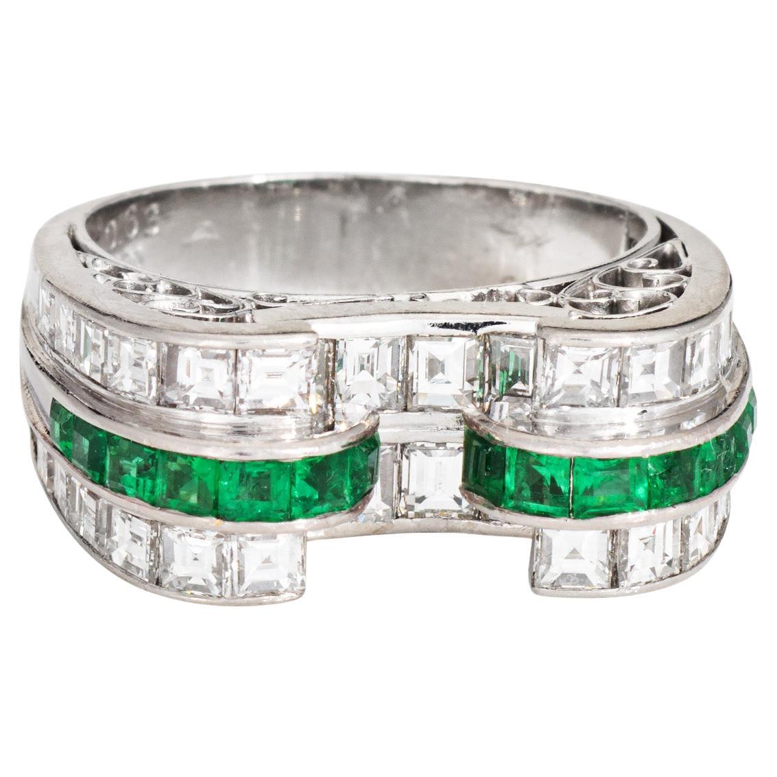 Vintage Emerald Diamond Scrolled Ring Sz 6 Platinum Band Estate Fine Jewelry