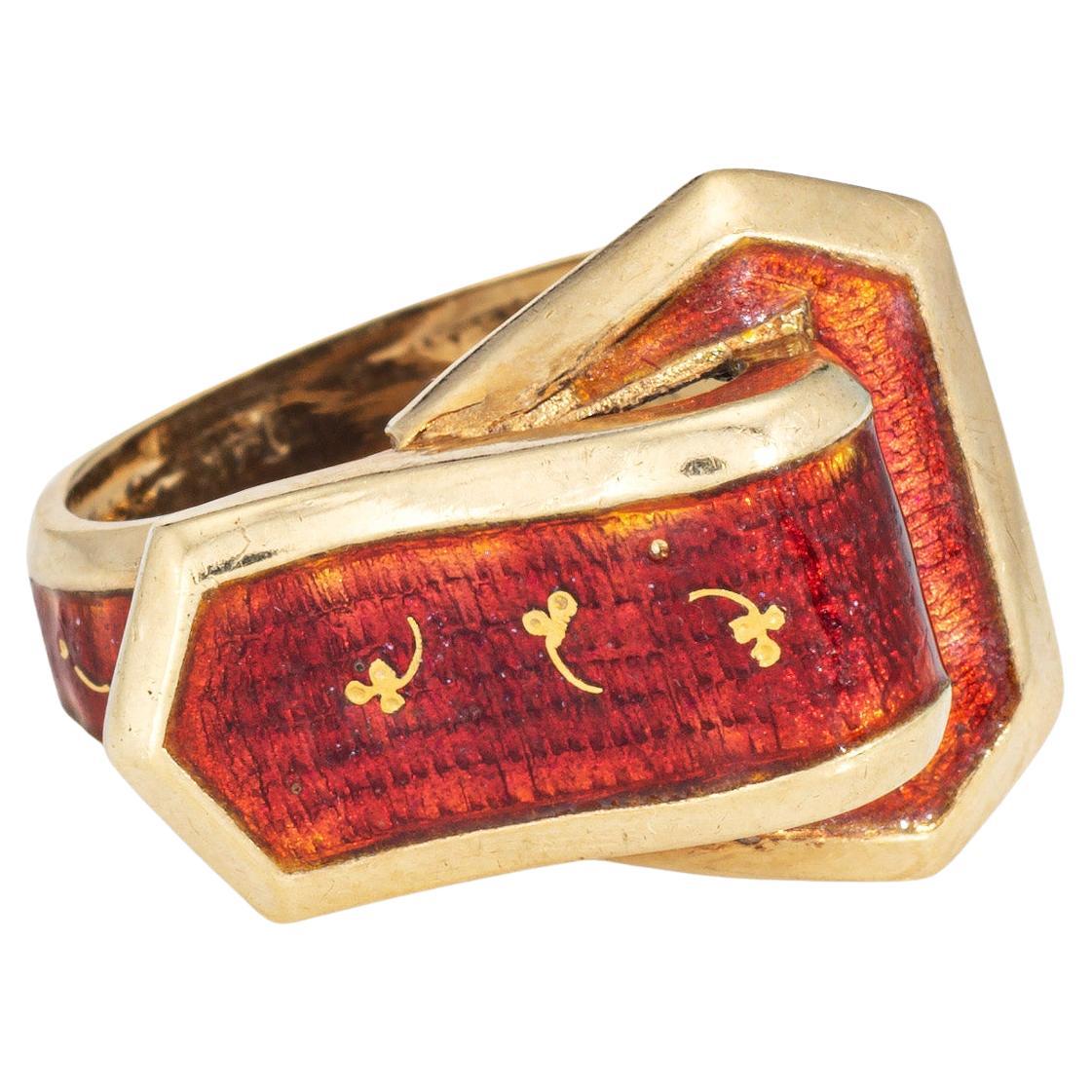 Vintage Red Enamel Belt Buckle Ring Sz 5 14k Yellow Gold Fine Estate Jewelry