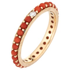 Bague d'éternité corail rouge méditerranéen diamant Sz 6 Or jaune 14k Bijoux fins