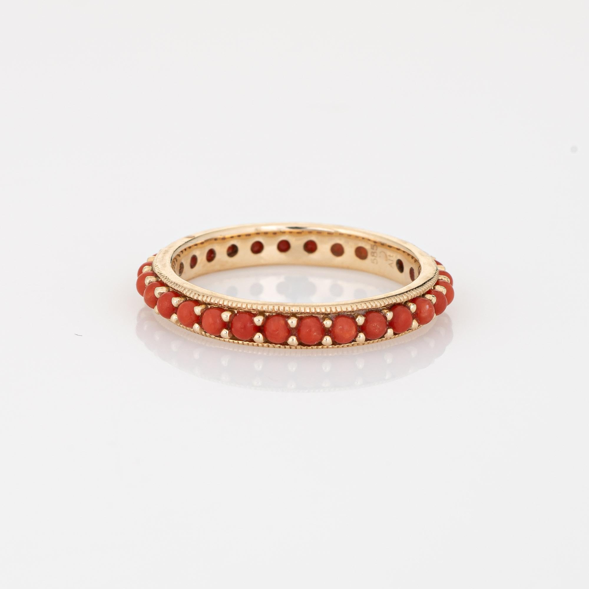 Moderne Bague d'éternité corail rouge méditerranéen diamant Sz 6 Or jaune 14k Bijoux fins en vente