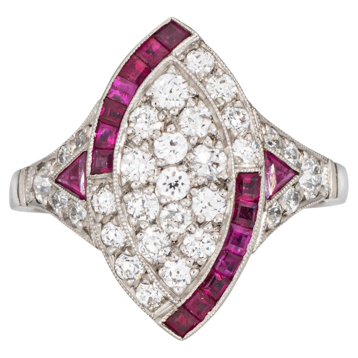 Vintage Art Deco Diamond Ruby Ring Sz 5.5 Platinum Navette Estate Jewelry
