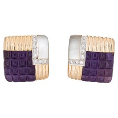 Pendientes cuadrados vintage de los 80 con diamantes y amatistas, de oro amarillo de 14k y nácar, joyería de segunda mano