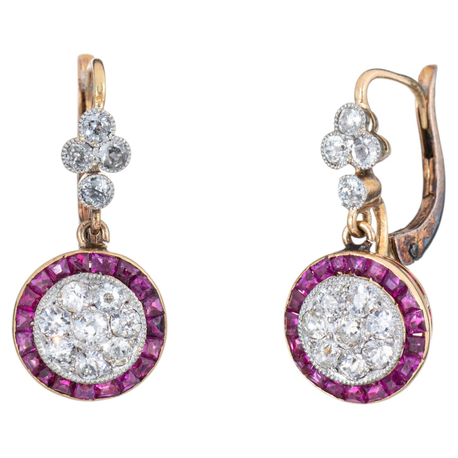 Vintage Diamond Ruby Earrings 14k Gold Platinum Drops Old Mine Cuts Jewelry