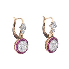 Vintage Diamond Ruby Earrings 14k Gold Platinum Drops Old Mine Cuts Jewelry
