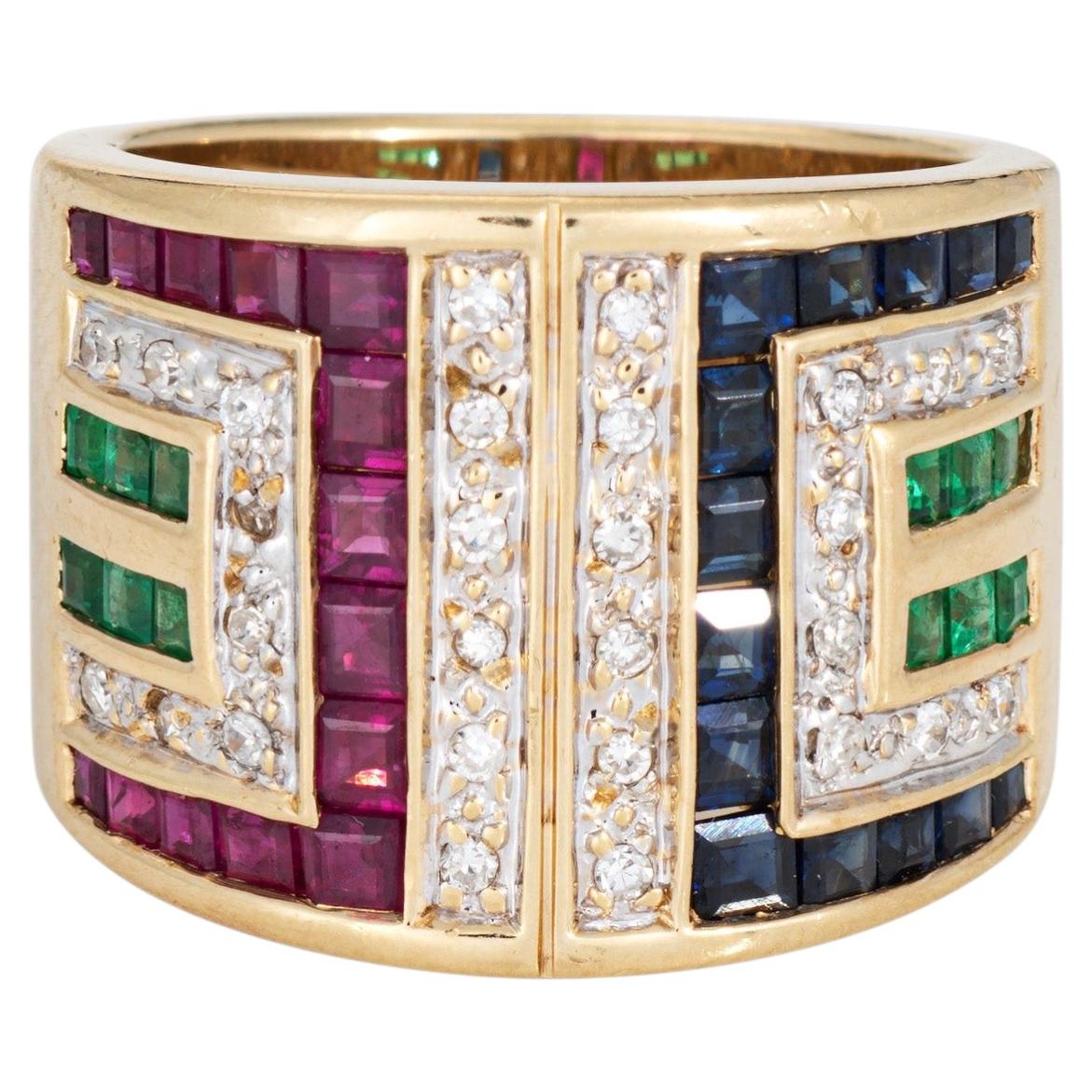 70s Gemstone Diamond Cigar Band 14k Yellow Gold 15mm Wide Ring Sz 6 Jewelry