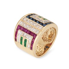 70s Gemstone Diamond Cigar Band 14k Yellow Gold 15mm Wide Ring Sz 6 Jewelry