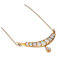 Antique Victorian Crescent Moon Necklace Opal Diamond 14k Yellow Gold Jewelry