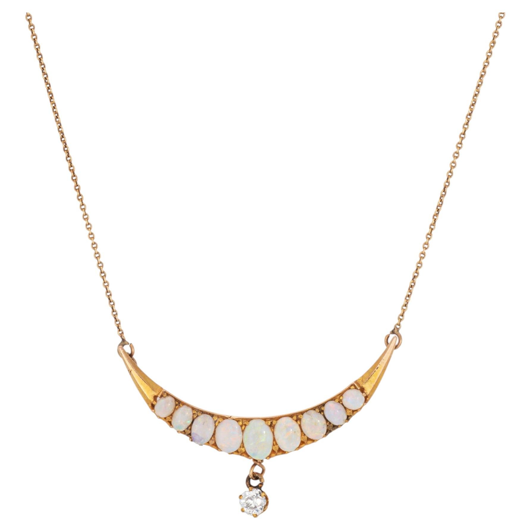 Antique Victorian Crescent Moon Necklace Opal Diamond 14k Yellow Gold Jewelry