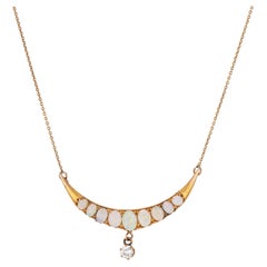 Antique Victorian Crescent Moon Necklace Opal Diamond 14k Yellow Gold Jewelry